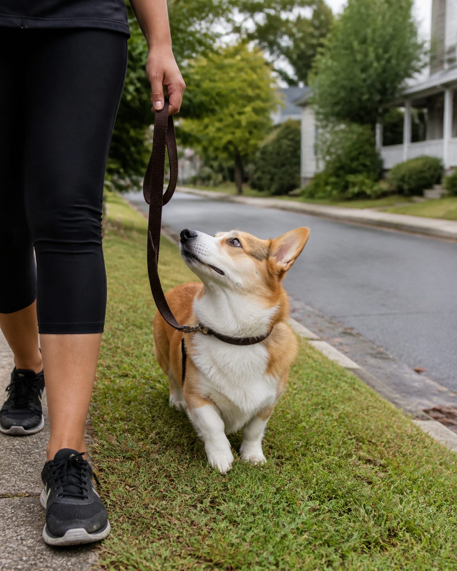 A dog walking at heel beside a handler's lower legs, both cropped at the knee, in Washington DC, DC