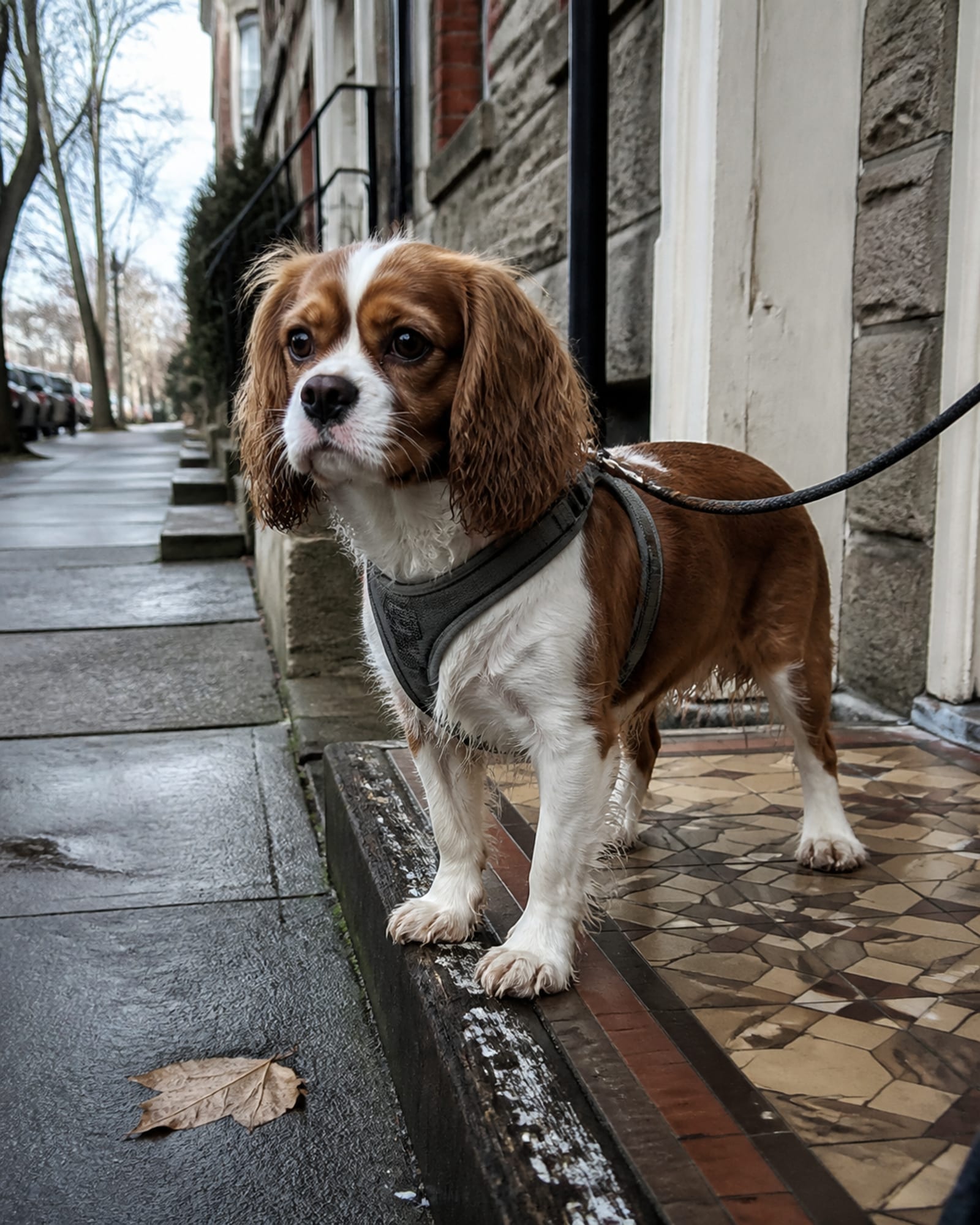 A dog standing on a sidewalk with the street receding behind it, in Wheaton, MD