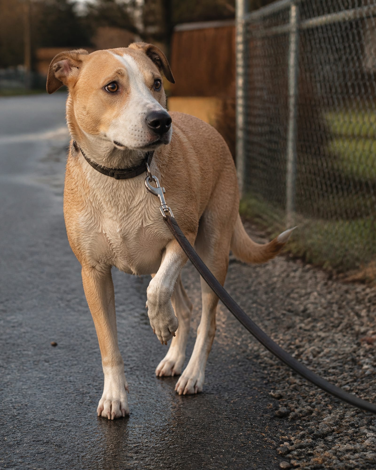 A dog pausing mid stride on a pavement, one paw lifted, in White Marsh, MD