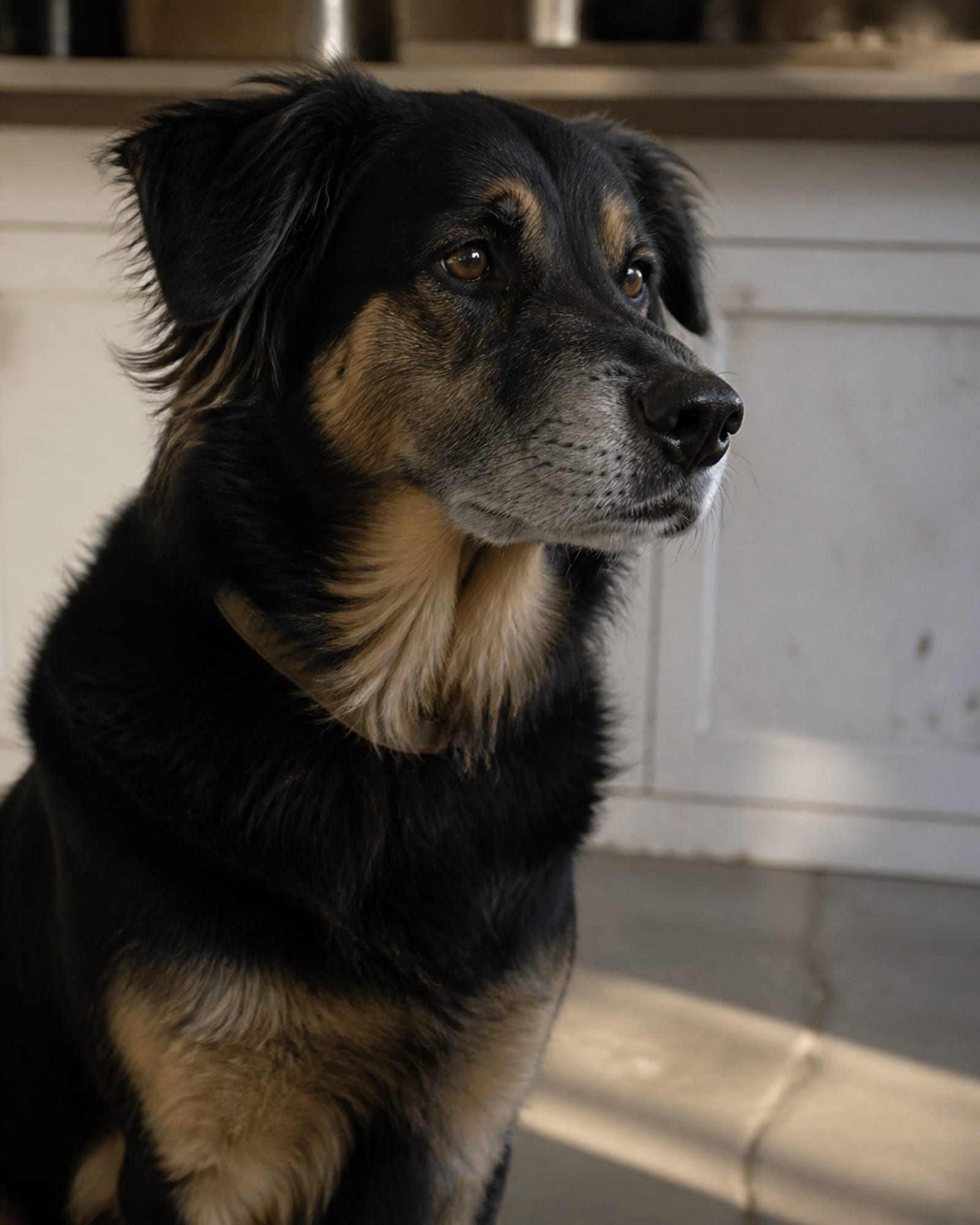 A gray muzzled dog's head and chest, weight settled, in White Marsh, MD