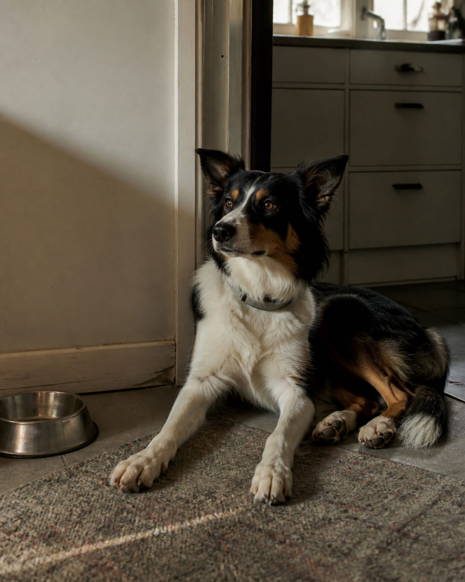 A dog settled beside a kitchen doorway, worktop above, in Woodlawn, MD