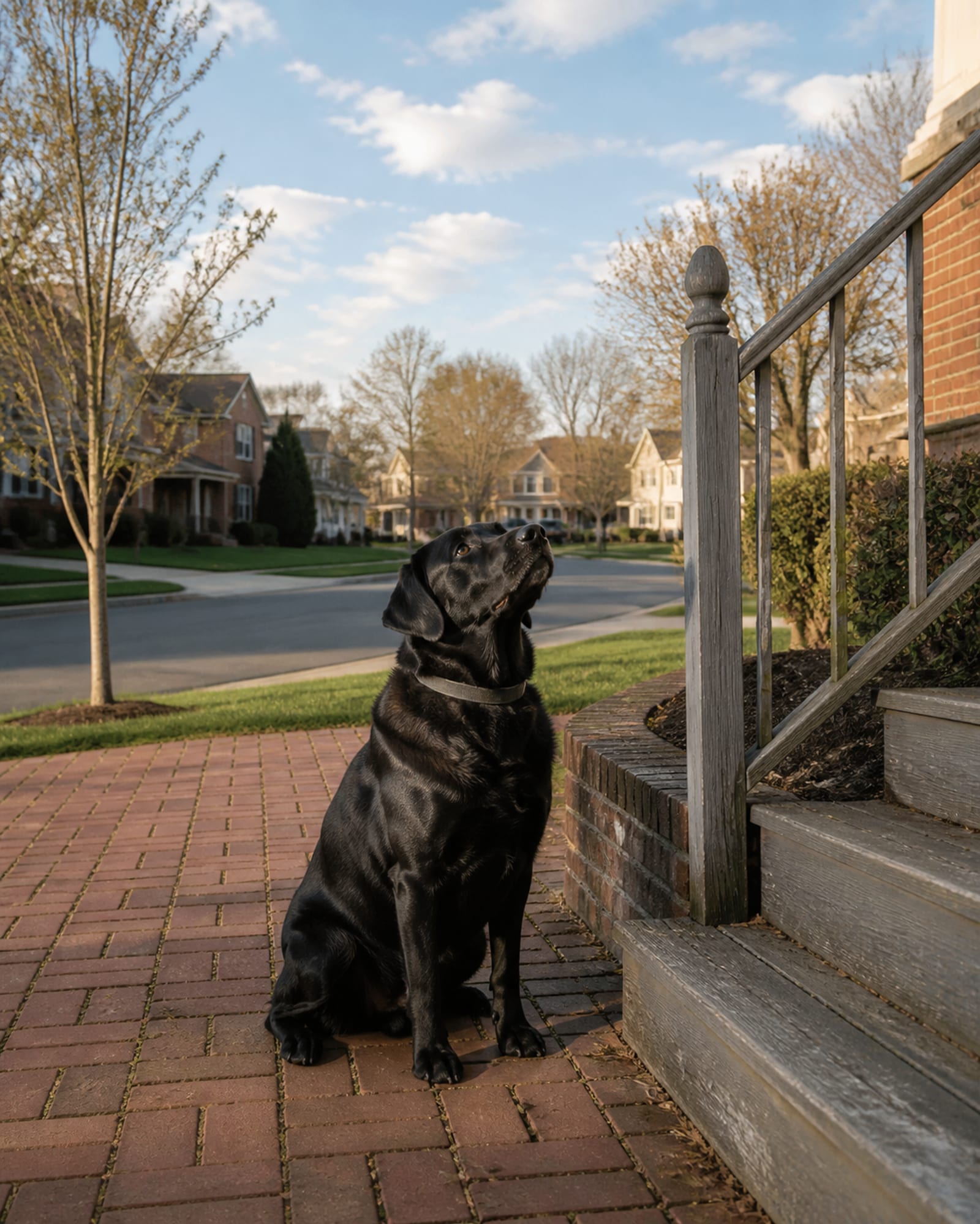 A dog sitting at the foot of steps, looking up out of frame, in Woodlawn, MD