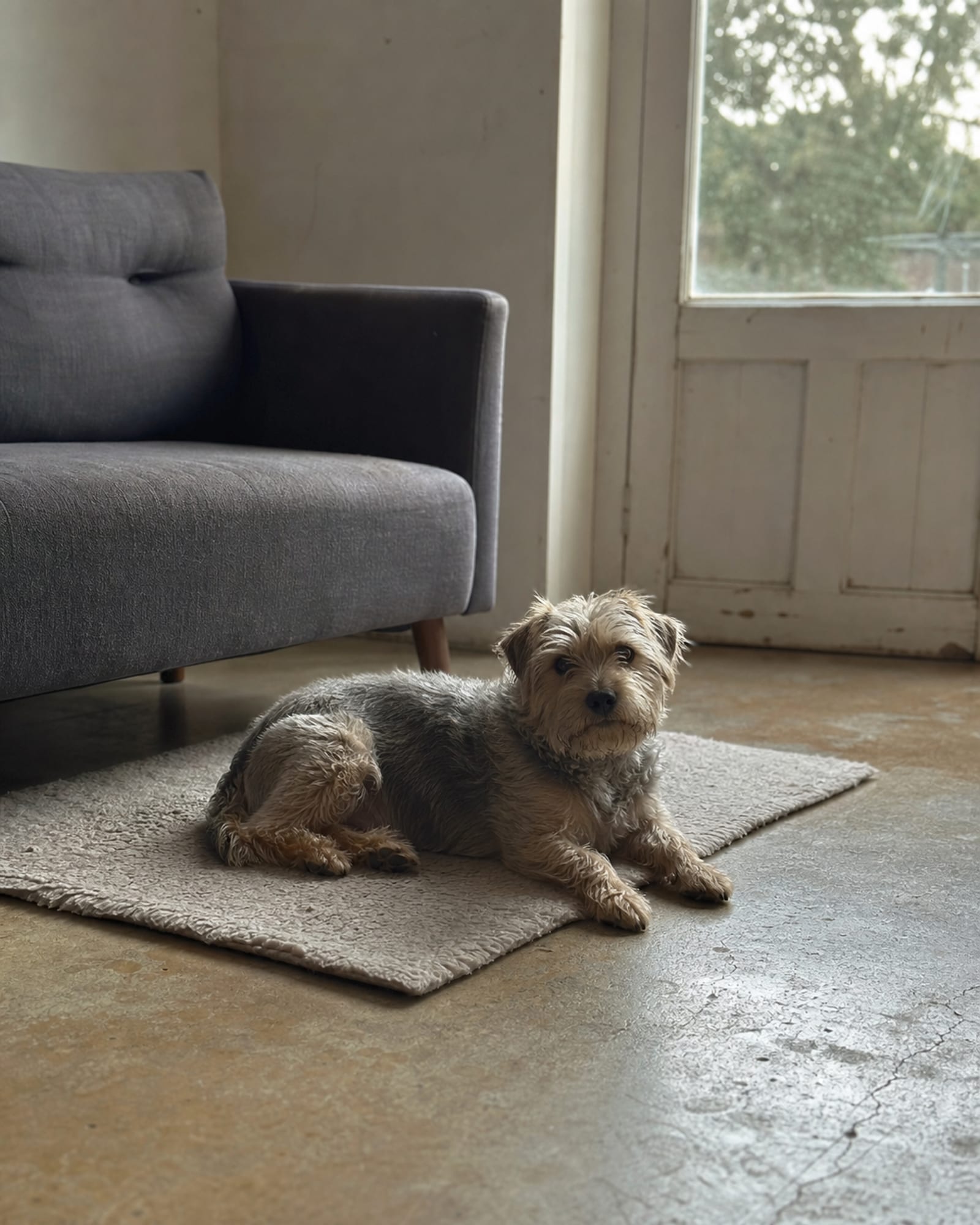 A dog lying on a mat beside a sofa, room quiet