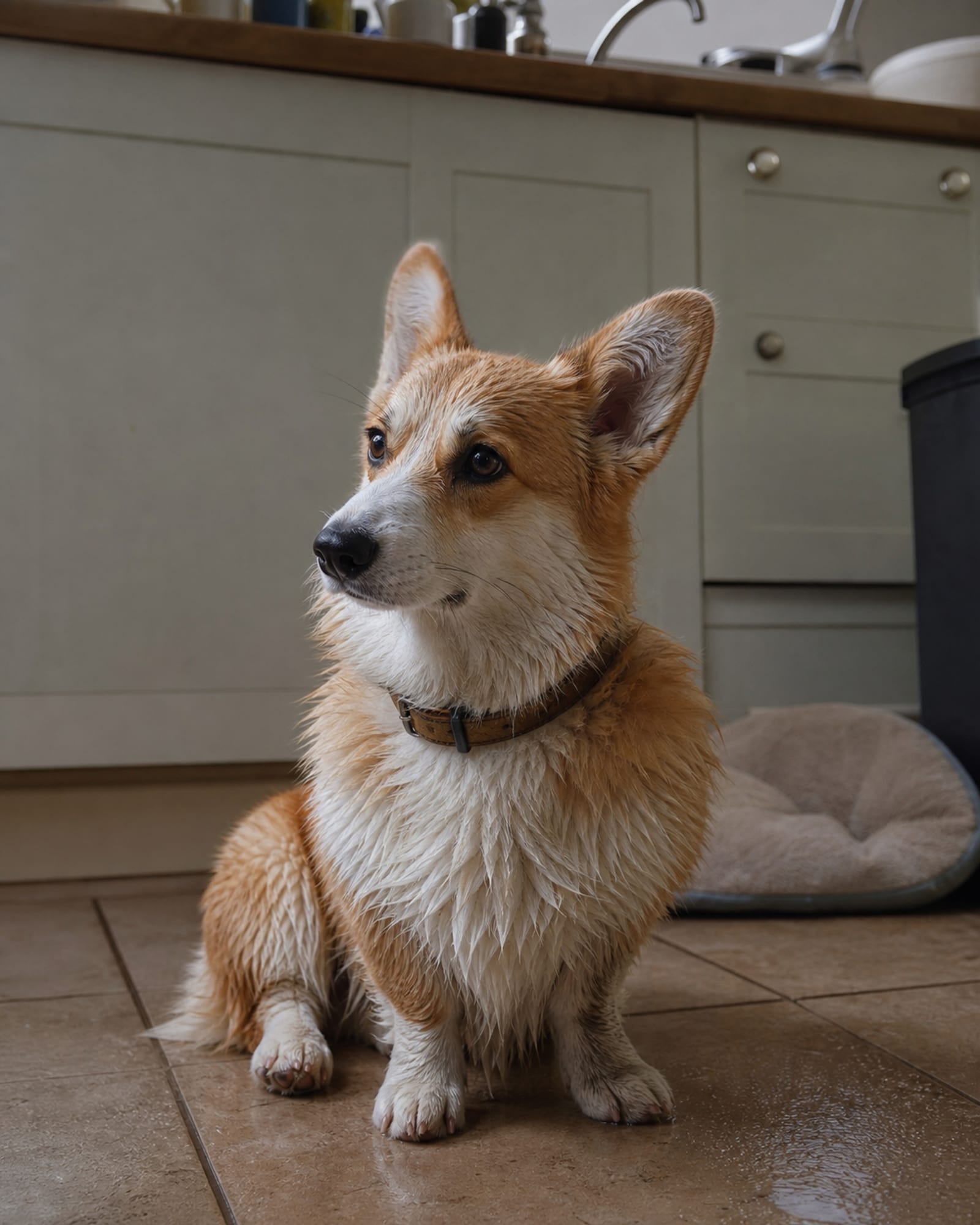 A dog sitting square on a kitchen floor, worktop rising behind it