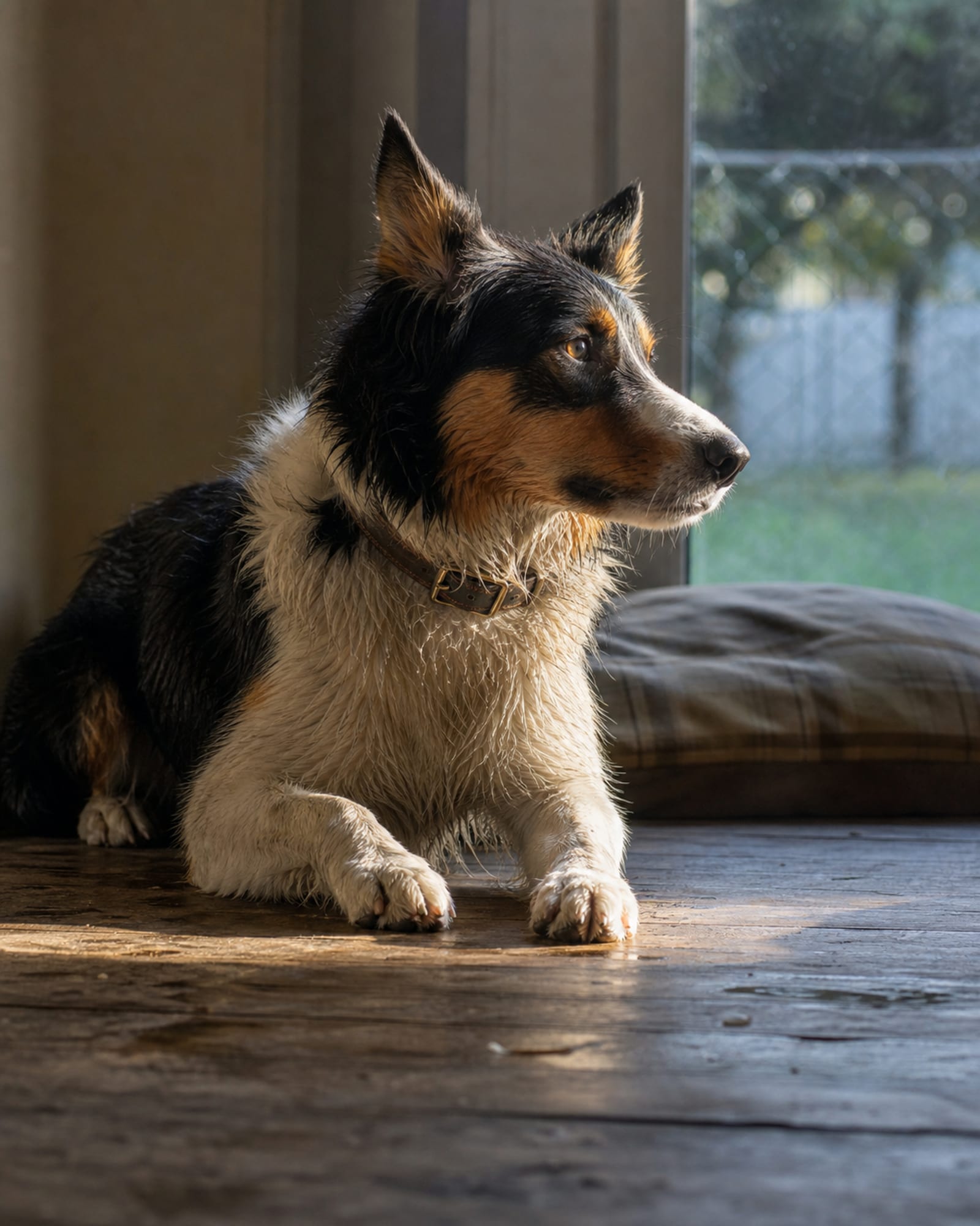 A dog lying in a patch of sun on floorboards, dust in the light