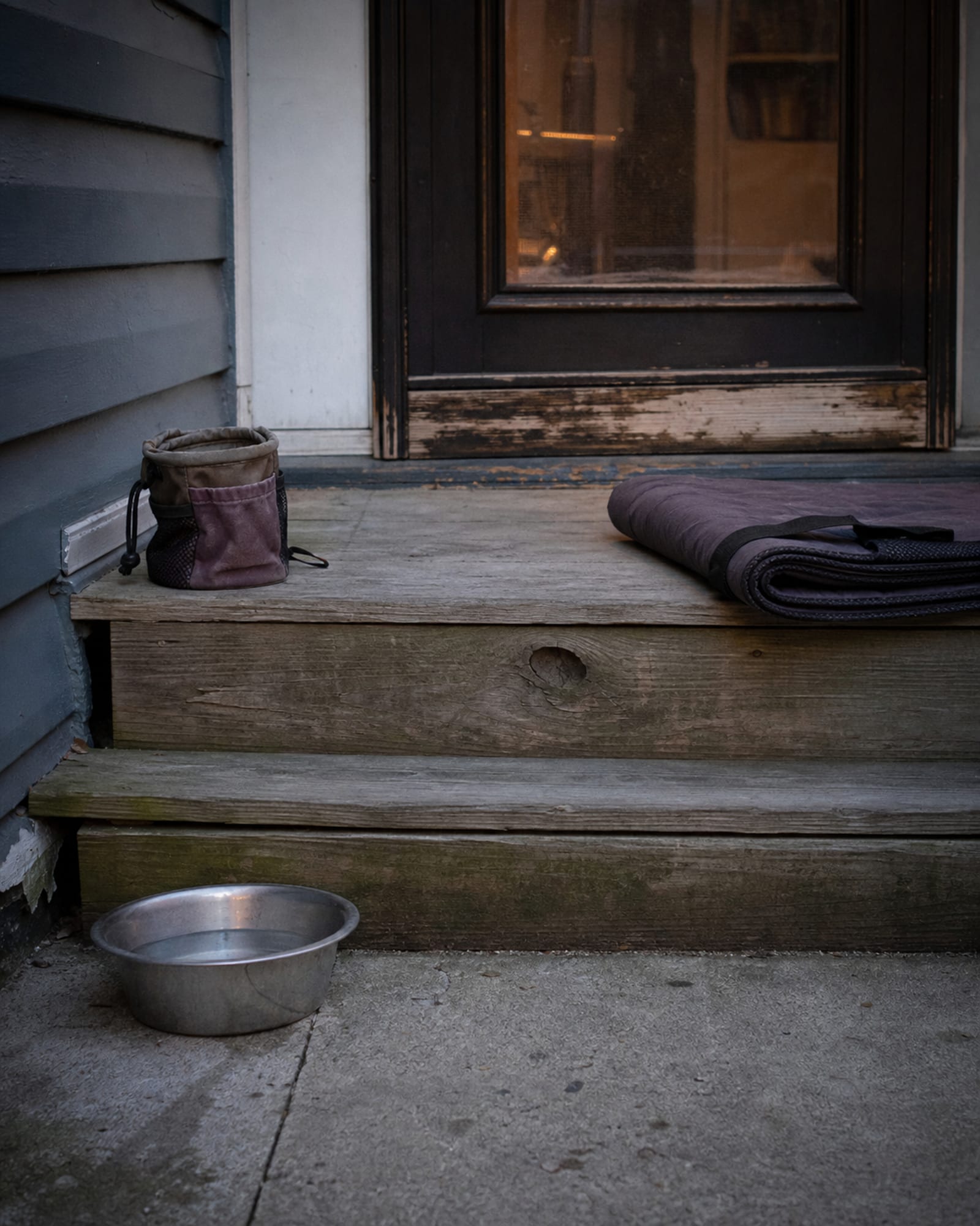 A folded training mat and a water bowl by a back door, no dog