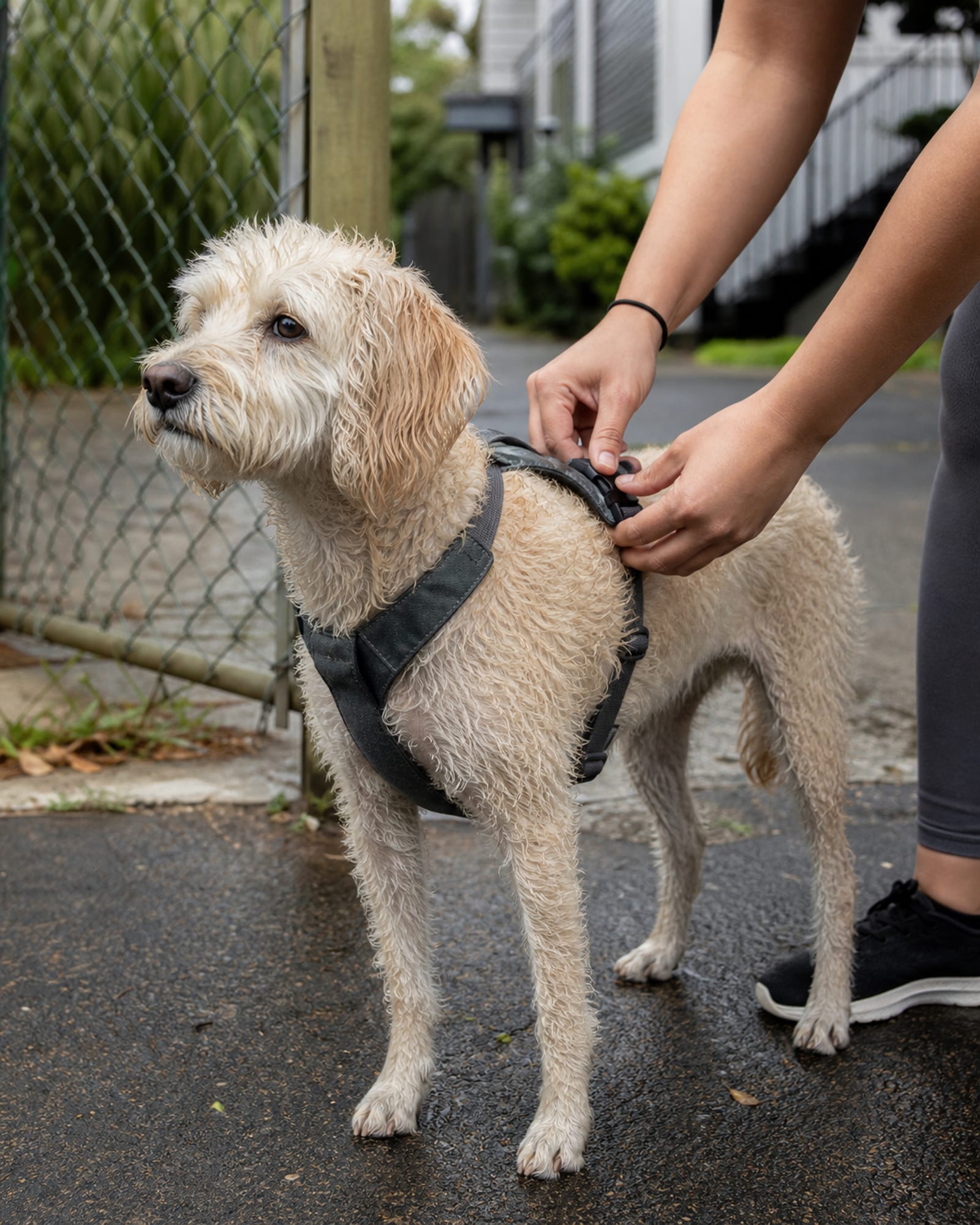 A hand fastening a harness on a calm standing dog, forearms only