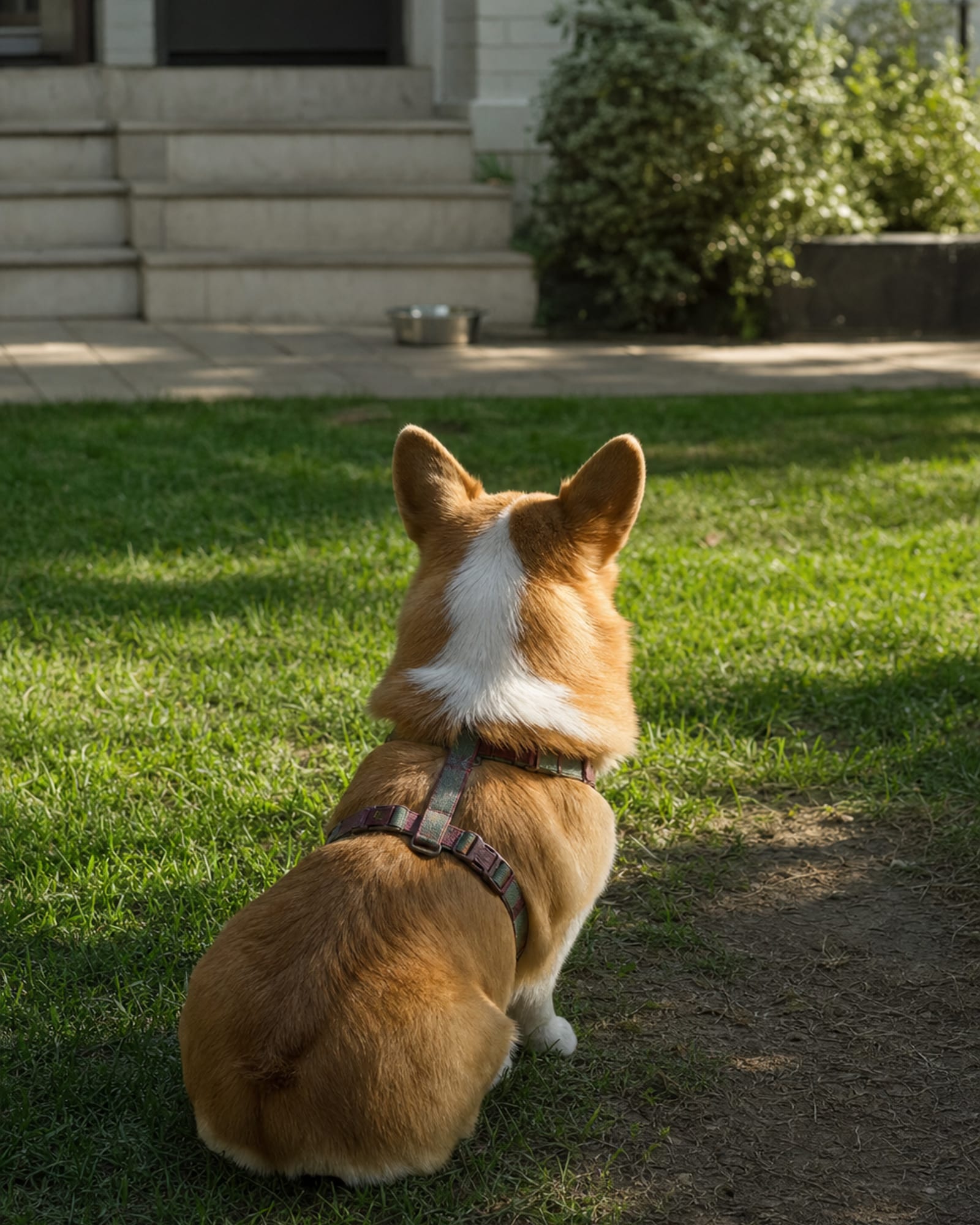 A dog sitting at the edge of a lawn facing the house
