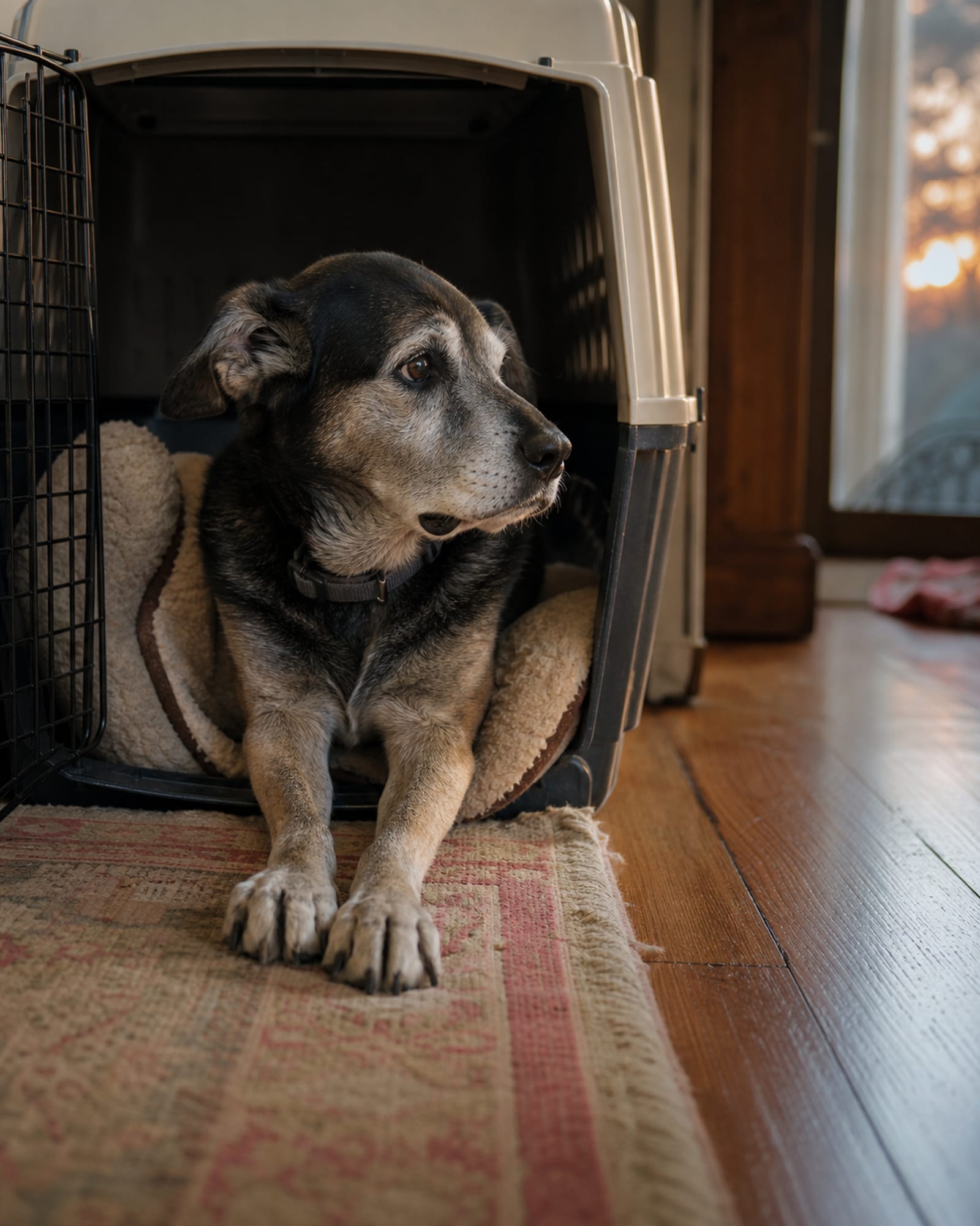 A dog settled in an open crate with bedding, half in and half out