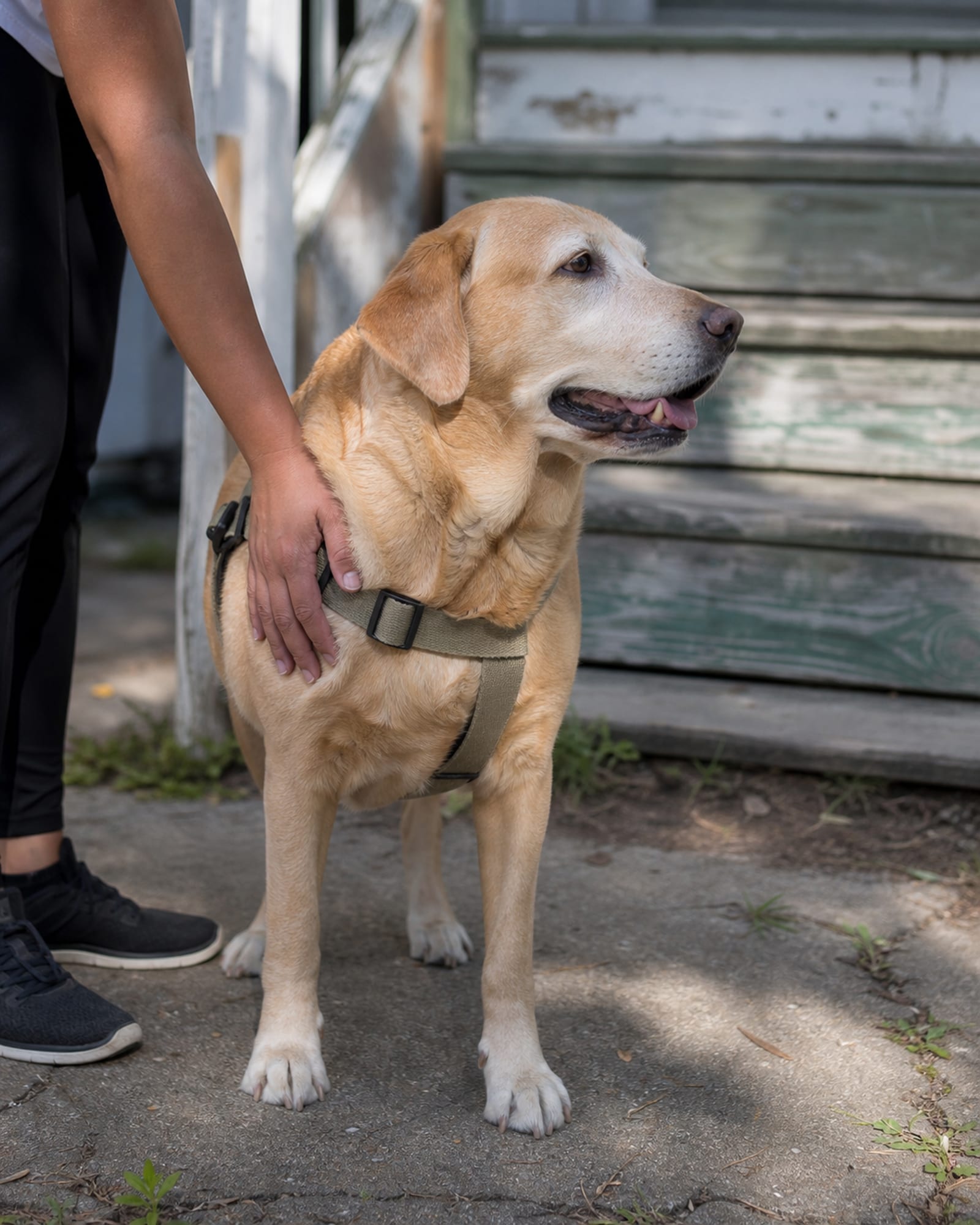 A dog standing with a handler's hand resting lightly on its shoulder, forearm only