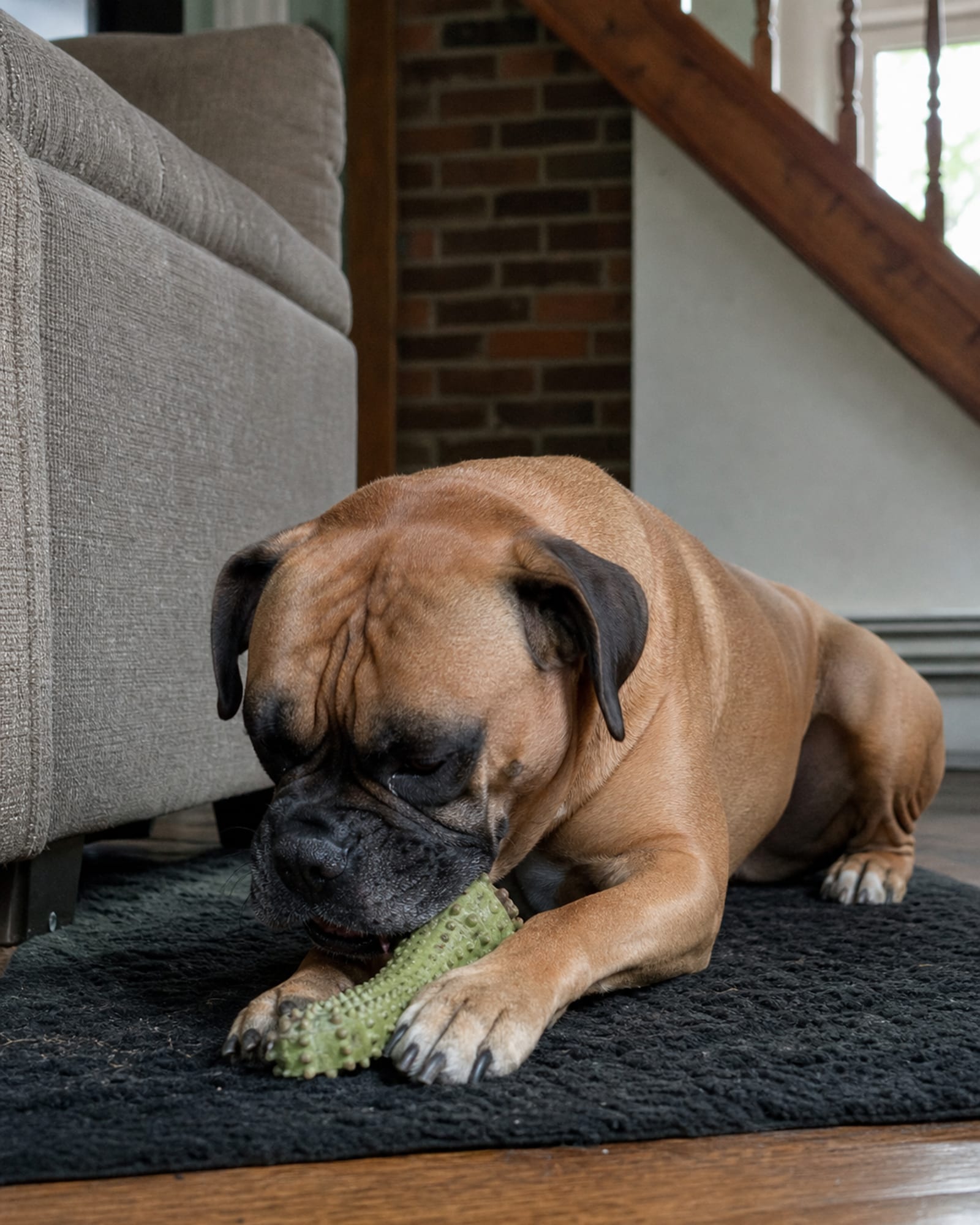 A dog lying on a mat beside a sofa, room quiet