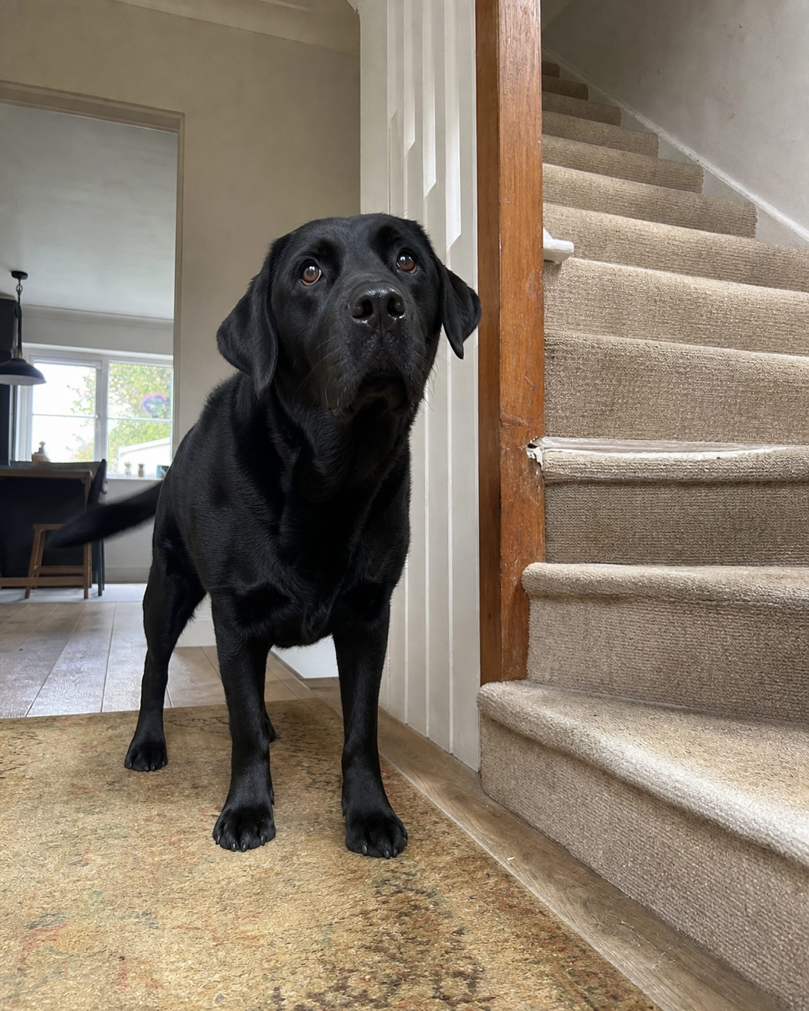 A dog standing at the bottom of a staircase looking up