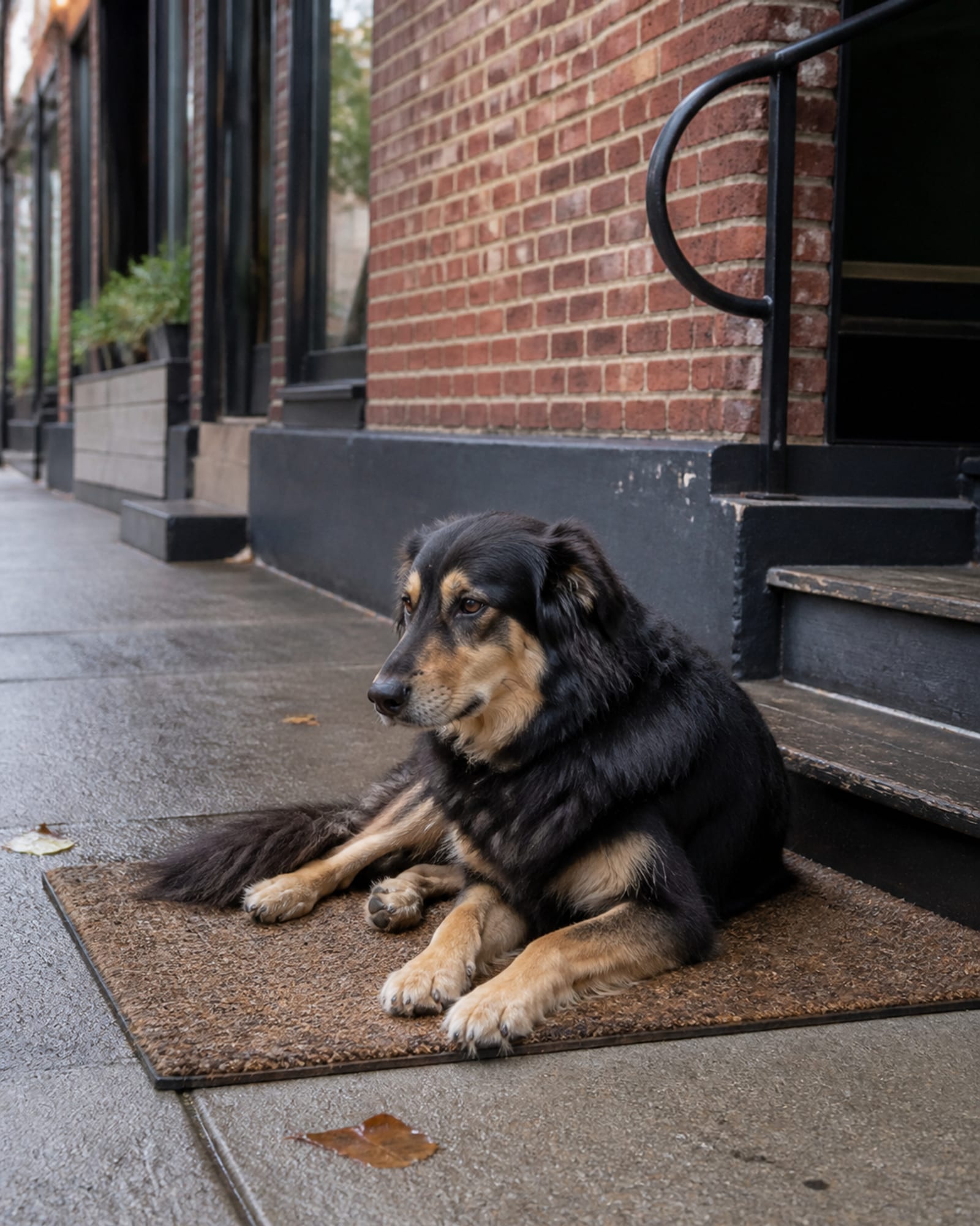 A dog resting on a mat outside a cafe while people walk past.