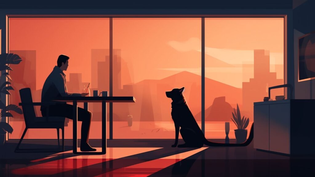 A Digital Illustration Of A Dog Waiting Patiently In Place While The Owner Gestures For It To Stay