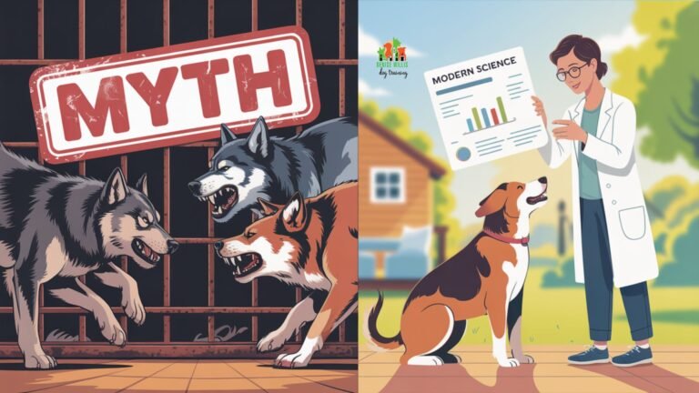 split-screen scientific comparison of traditional dominance hierarchy model versus modern family-based wolf pack structure with research annotations