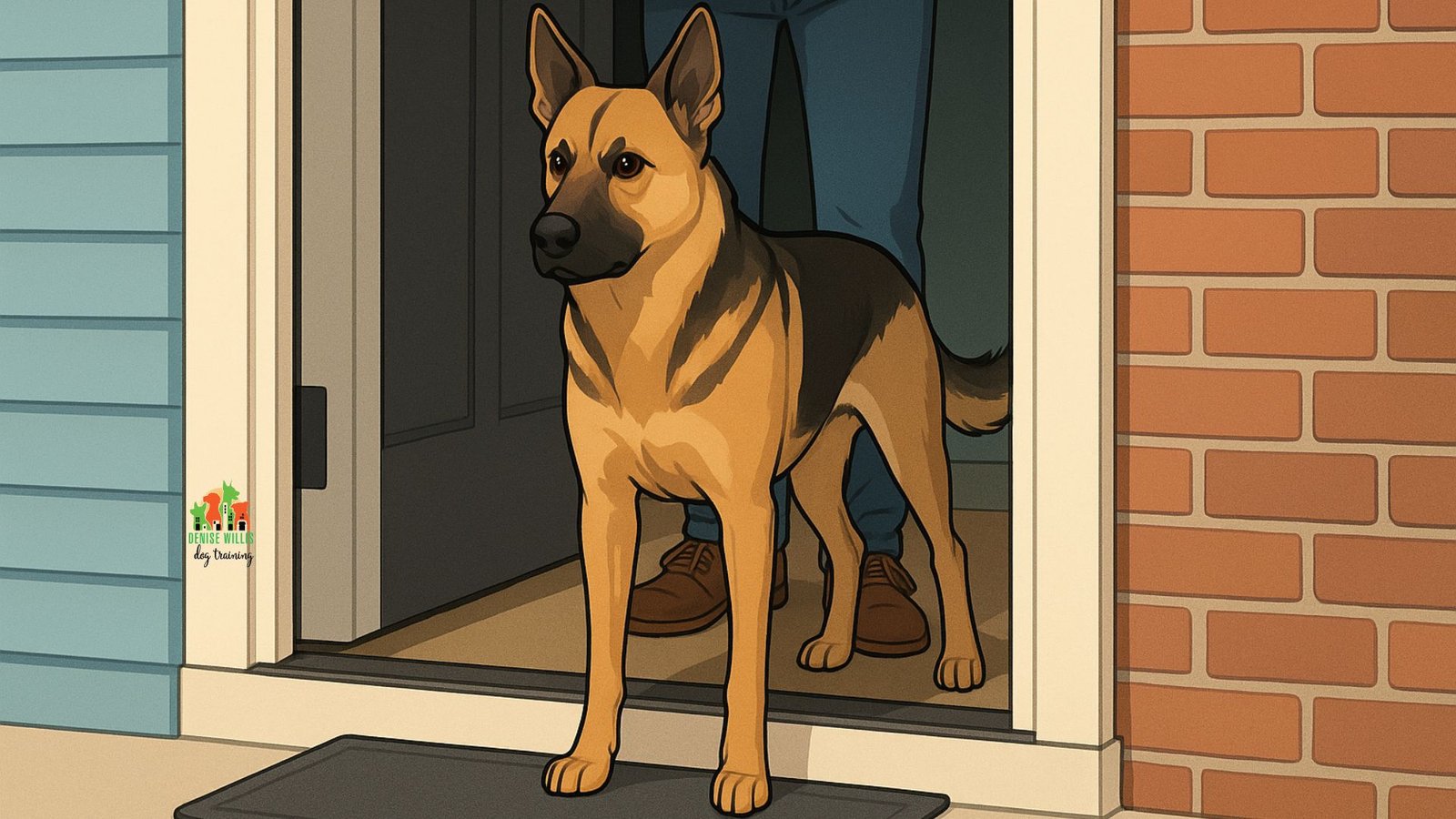 Dog standing guard at front door, alert and tense, protecting owner
