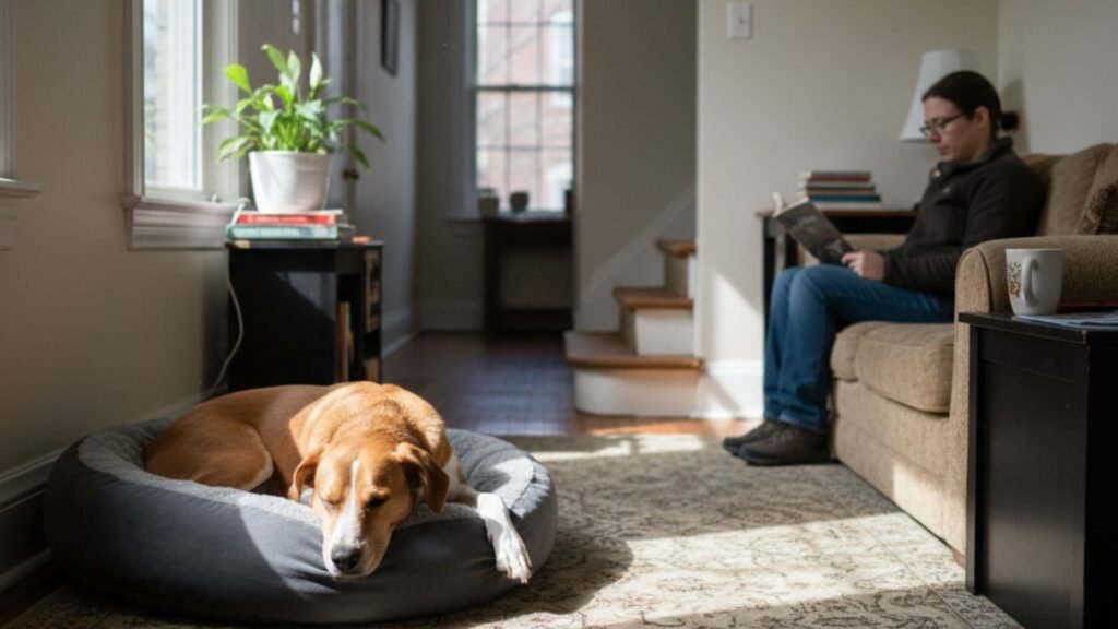 Relaxed dog resting quietly indoors while owner reads in Baltimore home