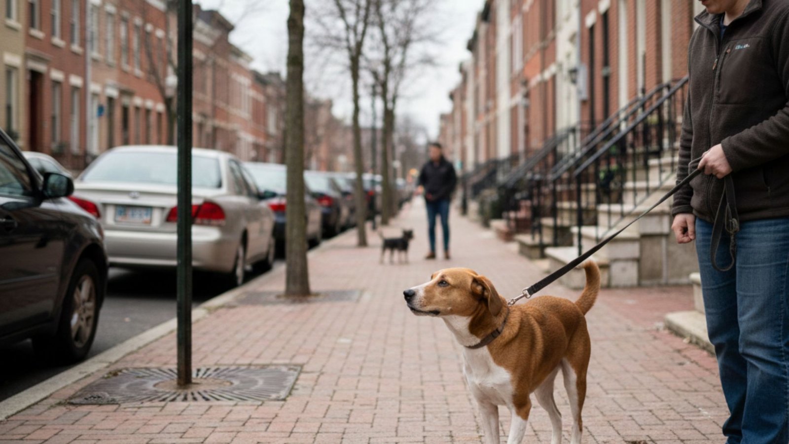 Dog showing leash reactivity during urban walk in Baltimore rowhome neighborhood