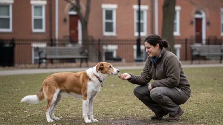 Dog trainer rewarding calm behavior during outdoor training session in Baltimore